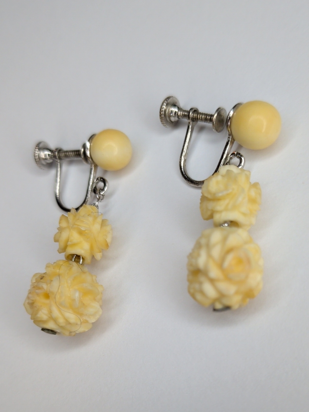 Vintage 50s Carved Rose Earrings Ivory Dangle Screw-back Elegant Cottagecore